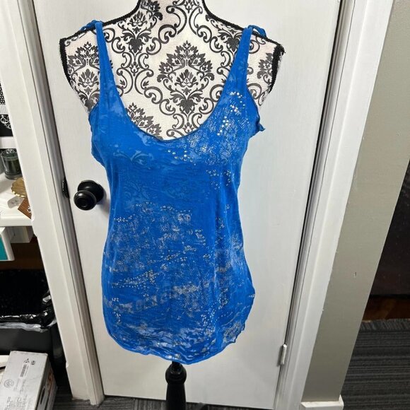 Guess blue tank top with metallic silver and rhinestone embellishments - Picture 1 of 9